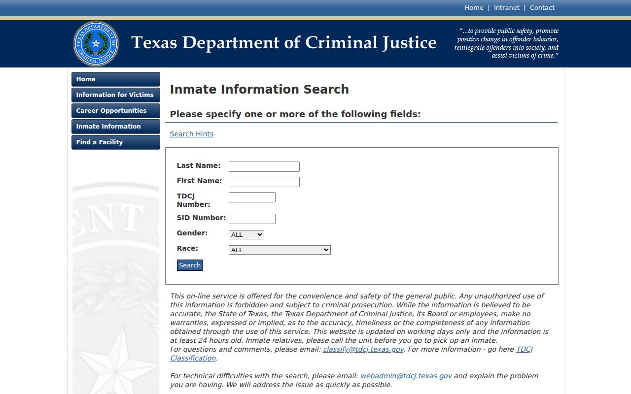 TDCJ state inmate search fields for Walker County arrest history research