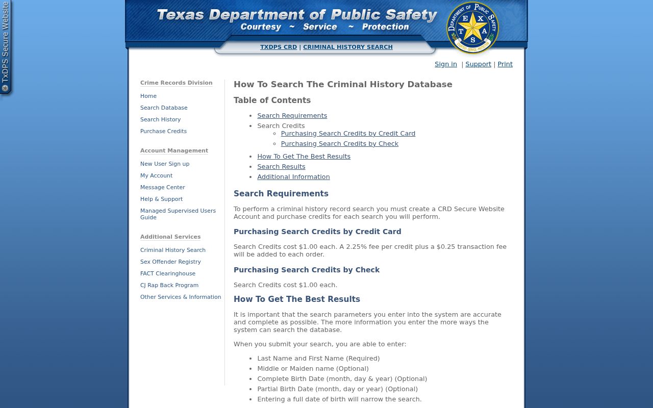 Walker County criminal history DPS search credit and matching help