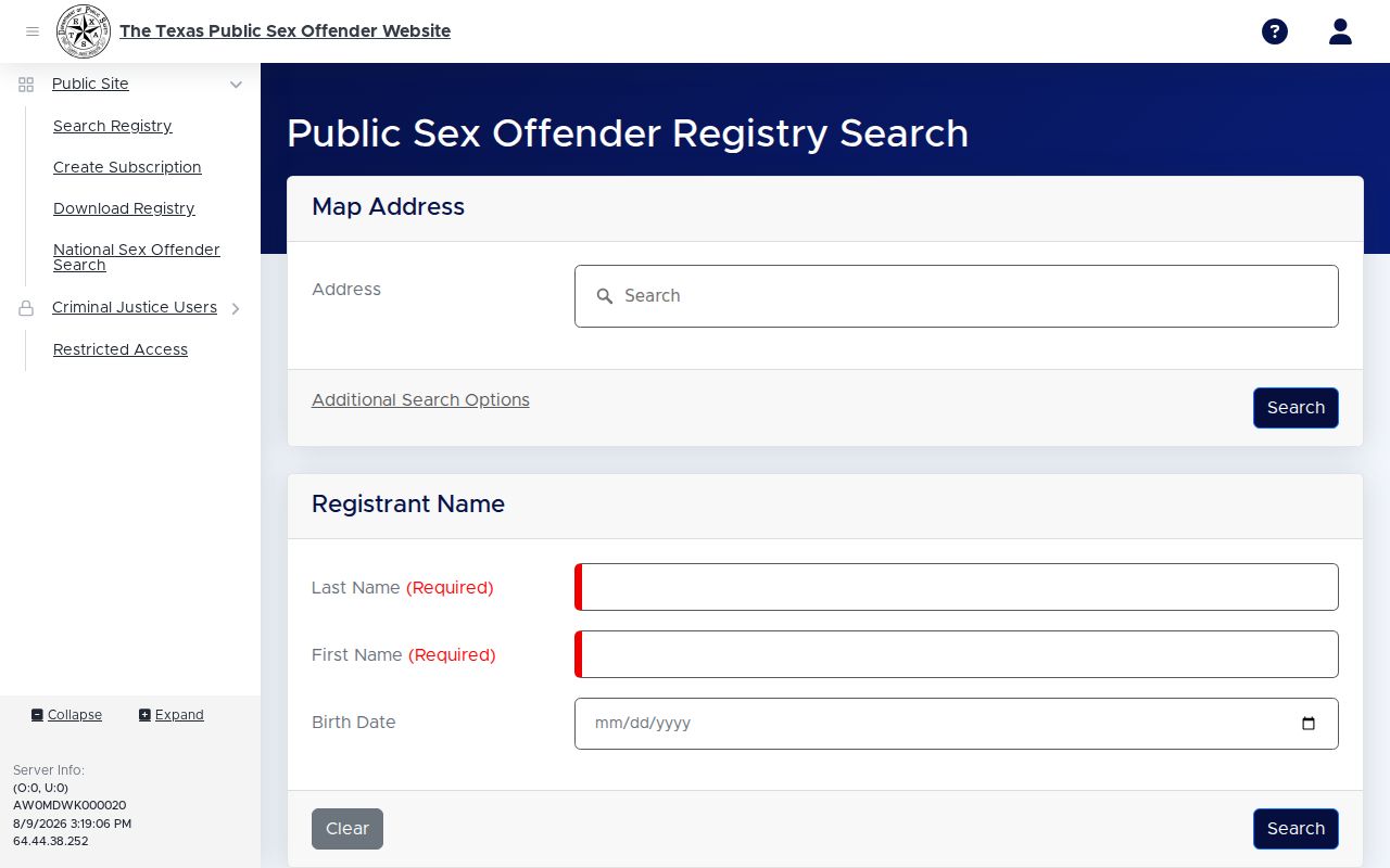 Walker County sex offender check fields in the Texas DPS public registry